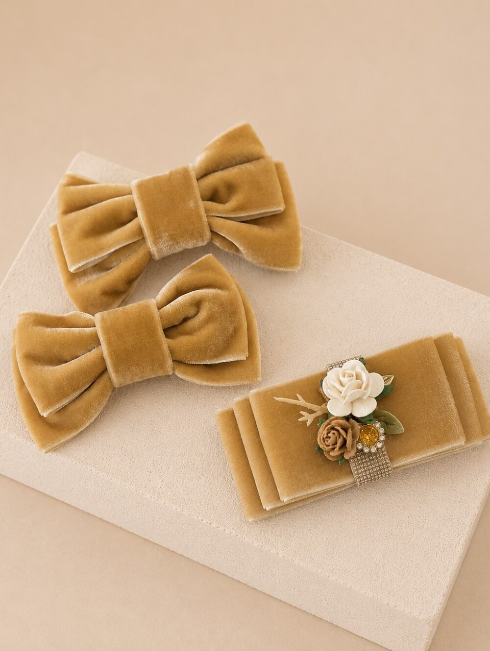 Handmade Luxury Mustard Gold Velvet Bow-Set Aligator Clip Barrette.